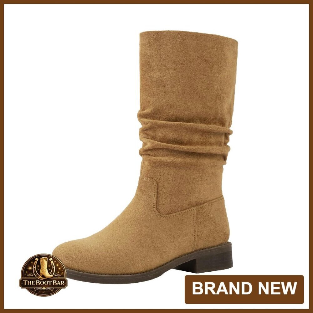 Slouchy Mid Calf Flat Boots Women's Pull On Side Zip Faux Suede